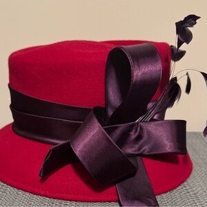 Vintage Church Hat Women's Red 100% Wool Purple Silk Bow Feather Rare